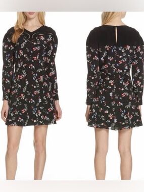 Tanya Taylor Silk Black Floral Long-Sleeve Mini Dress